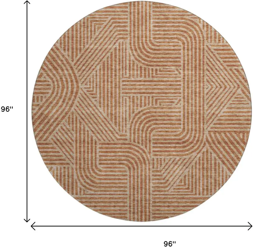 8' Terra Cotta And Beige Abstract Geometric Washable Round Rug With UV Protection Photo 9