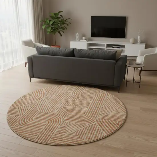 8' Terra Cotta And Beige Abstract Geometric Washable Round Rug With UV Protection Photo 2