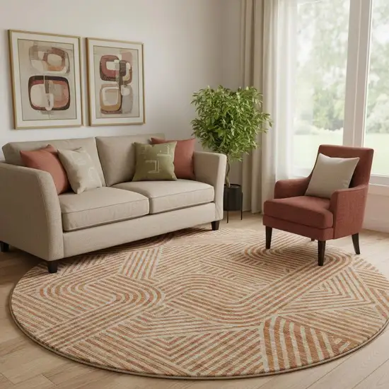 8' Terra Cotta And Beige Abstract Geometric Washable Round Rug With UV Protection Photo 1