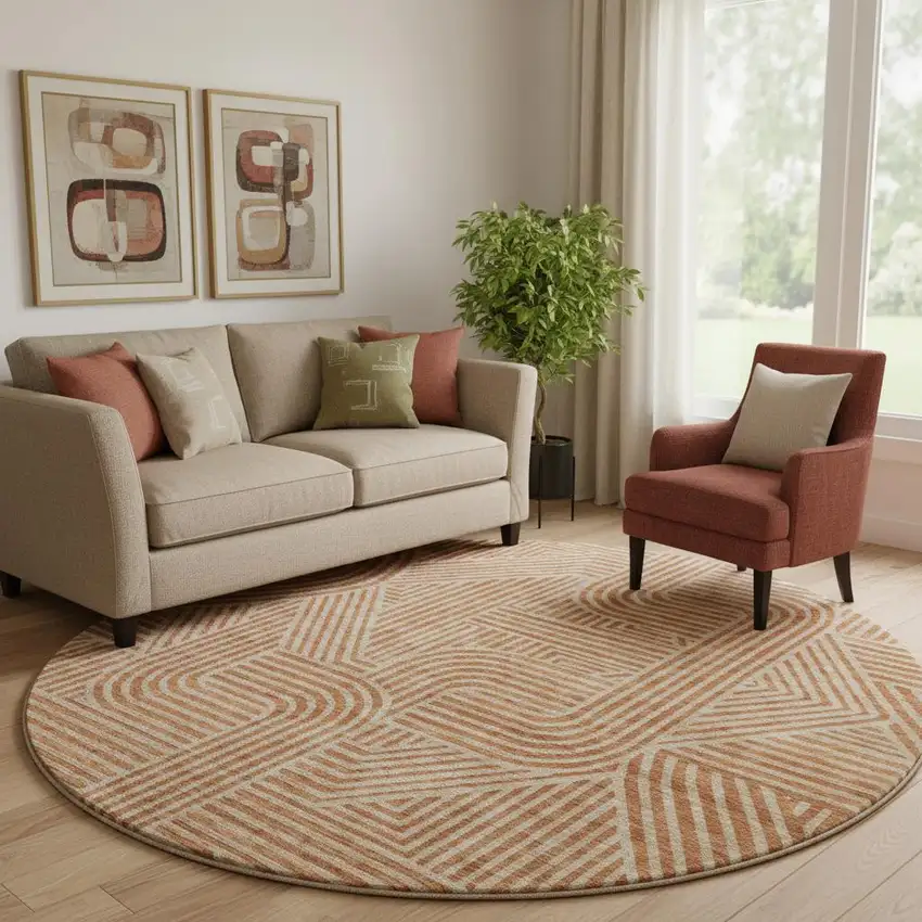 8' Terra Cotta And Beige Abstract Geometric Washable Round Rug With UV Protection Photo 1