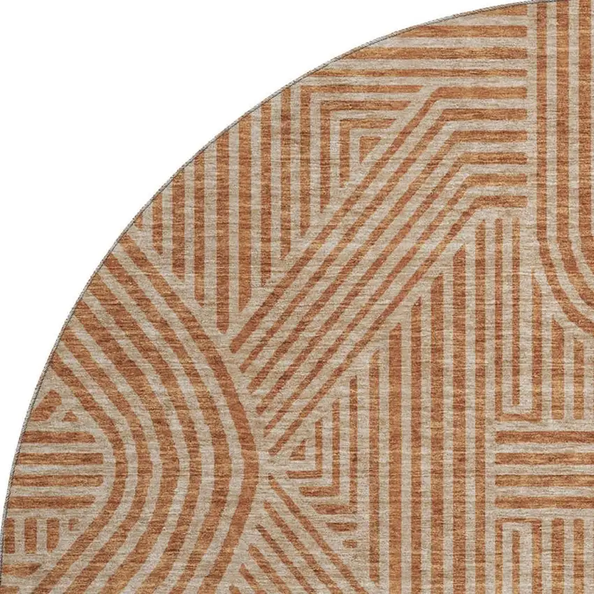 8' Terra Cotta And Beige Abstract Geometric Washable Round Rug With UV Protection Photo 3