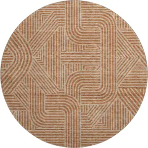 Photo of 8' Terra Cotta And Beige Abstract Geometric Washable Round Rug With UV Protection
