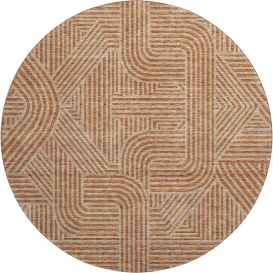 8' Terra Cotta And Beige Abstract Geometric Washable Round Rug With UV Protection Photo 1