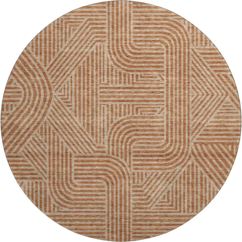 8' Terra Cotta And Beige Abstract Geometric Washable Round Rug With UV Protection Photo 1