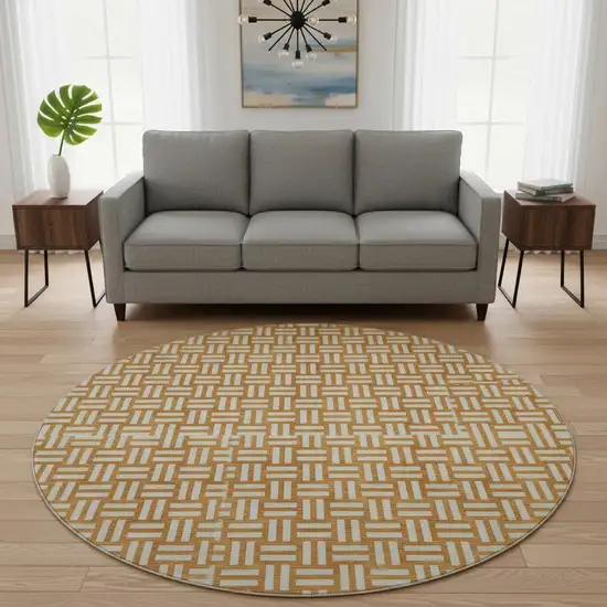 8' Terra Cotta And Beige Abstract Geometric Washable Round Rug With UV Protection Photo 2