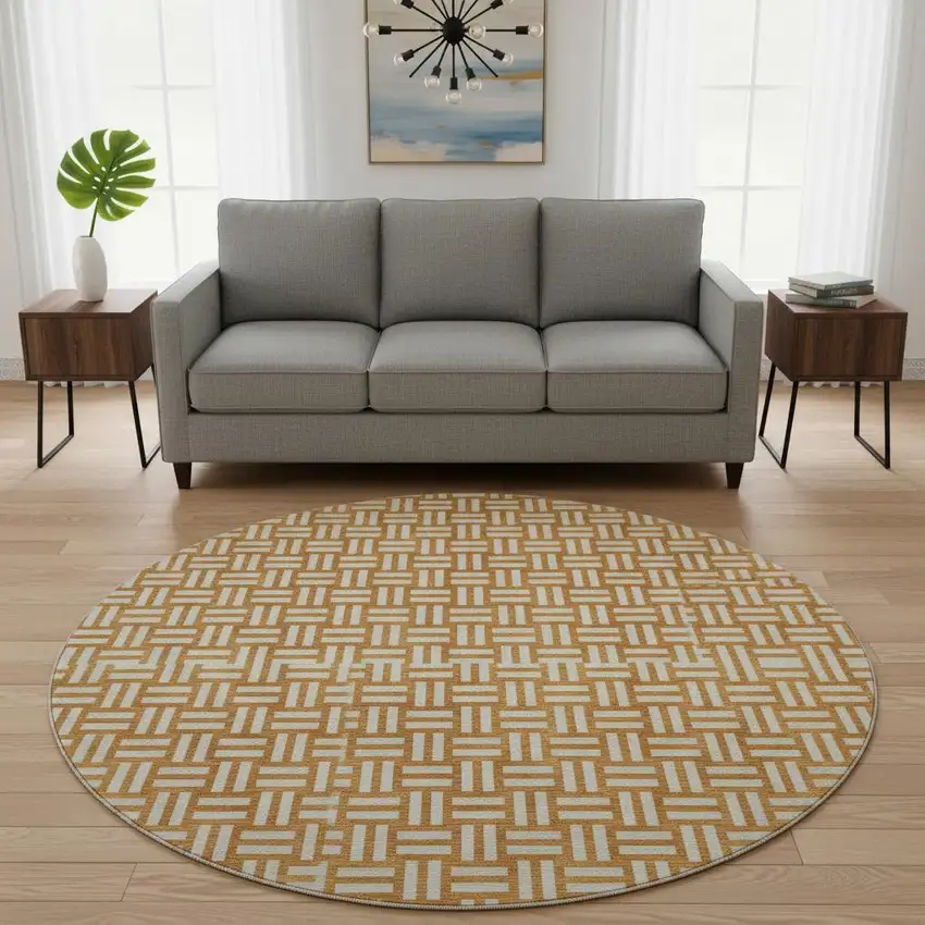 8' Terra Cotta And Beige Abstract Geometric Washable Round Rug With UV Protection Photo 2