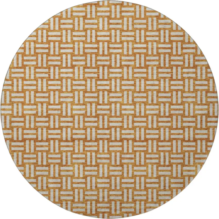 8' Terra Cotta And Beige Abstract Geometric Washable Round Rug With UV Protection Photo 3