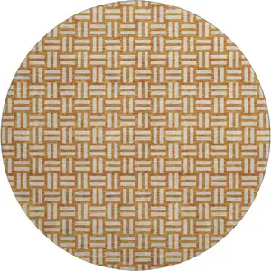 Photo of 8' Terra Cotta And Beige Abstract Geometric Washable Round Rug With UV Protection