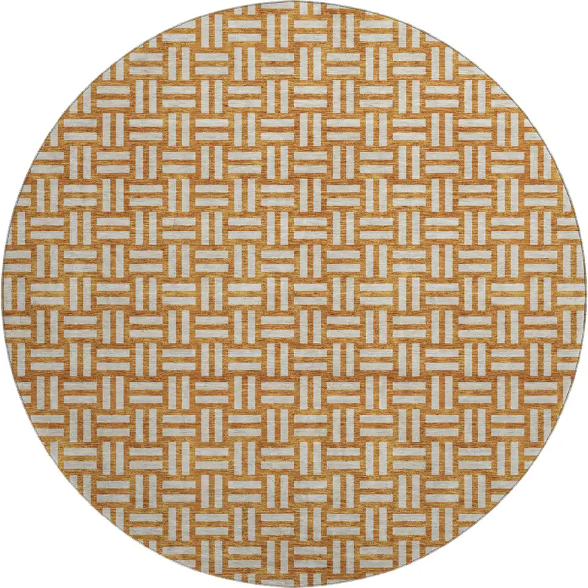 8' Terra Cotta And Beige Abstract Geometric Washable Round Rug With UV Protection Photo 1