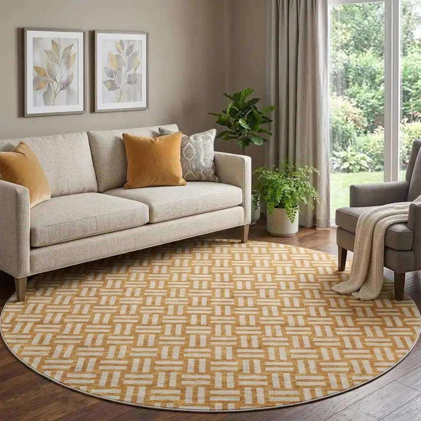 8' Terra Cotta And Beige Abstract Geometric Washable Round Rug With UV Protection Photo 1