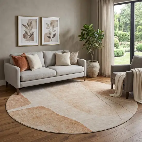 8' Terra Cotta And Beige Abstract Washable Round Rug With UV Protection Photo 1