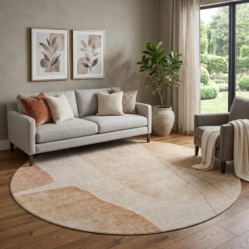 8' Terra Cotta And Beige Abstract Washable Round Rug With UV Protection Photo 1