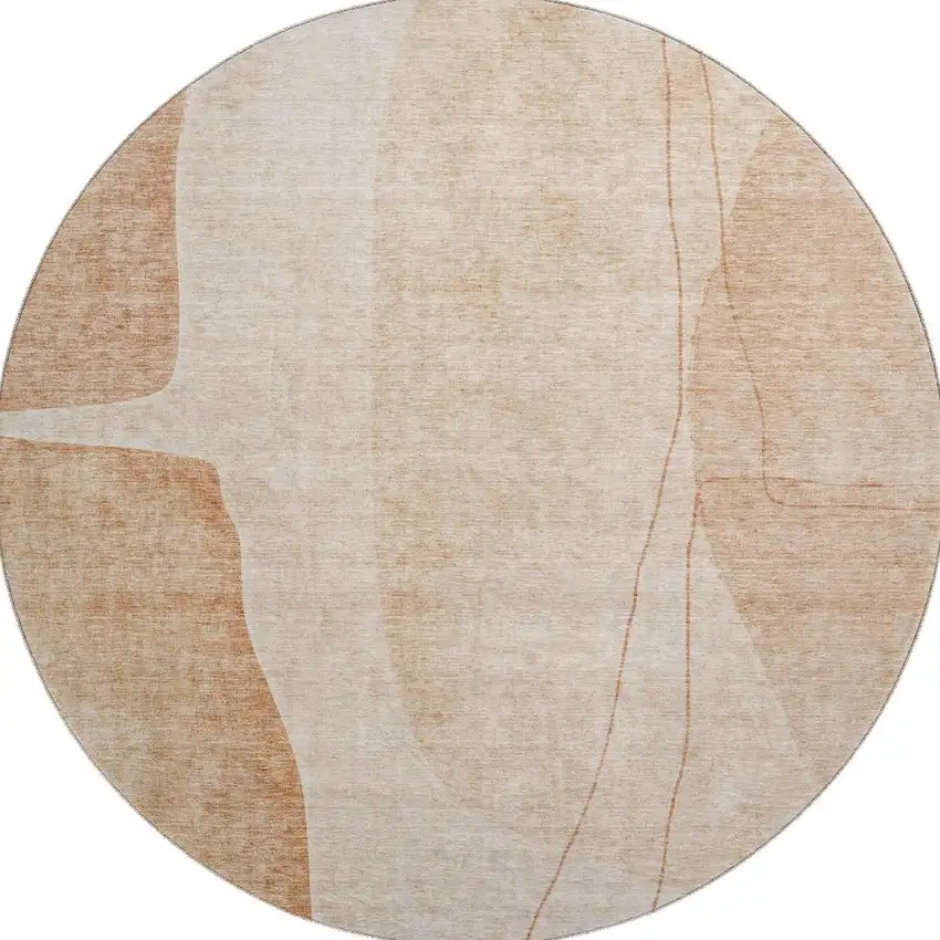 8' Terra Cotta And Beige Abstract Washable Round Rug With UV Protection Photo 1