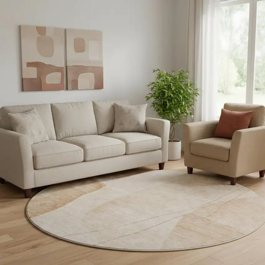 8' Terra Cotta And Beige Abstract Washable Round Rug With UV Protection Photo 1