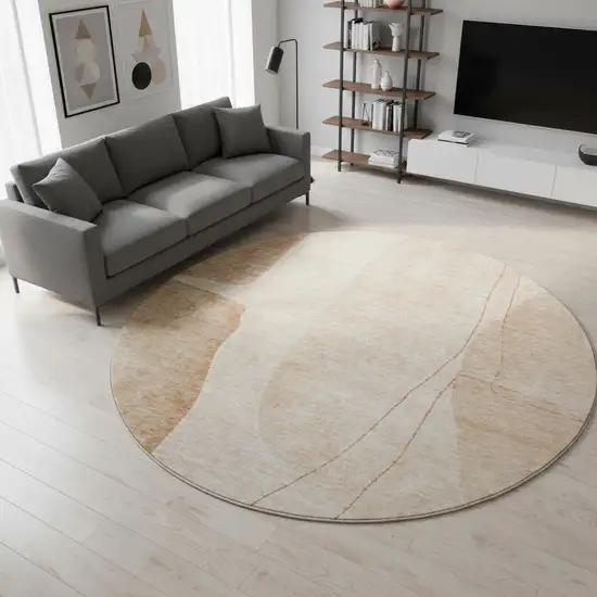 8' Terra Cotta And Beige Abstract Washable Round Rug With UV Protection Photo 2