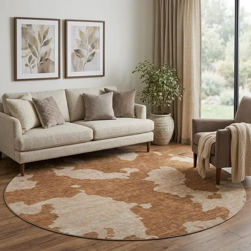8' Terra Cotta And Beige Abstract Washable Round Rug With UV Protection Photo 1