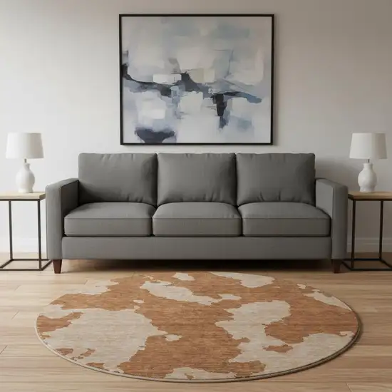8' Terra Cotta And Beige Abstract Washable Round Rug With UV Protection Photo 2