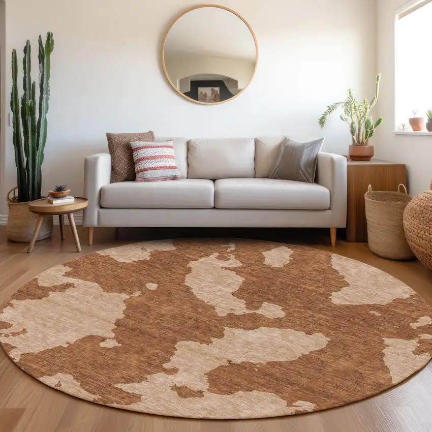 8' Terra Cotta And Beige Abstract Washable Round Rug With UV Protection Photo 4