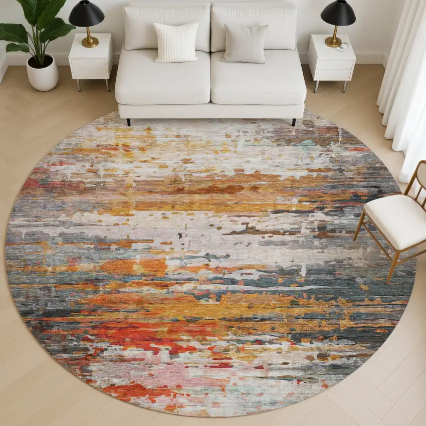 8' Terra Cotta And Beige Abstract Washable Round Rug With UV Protection Photo 5