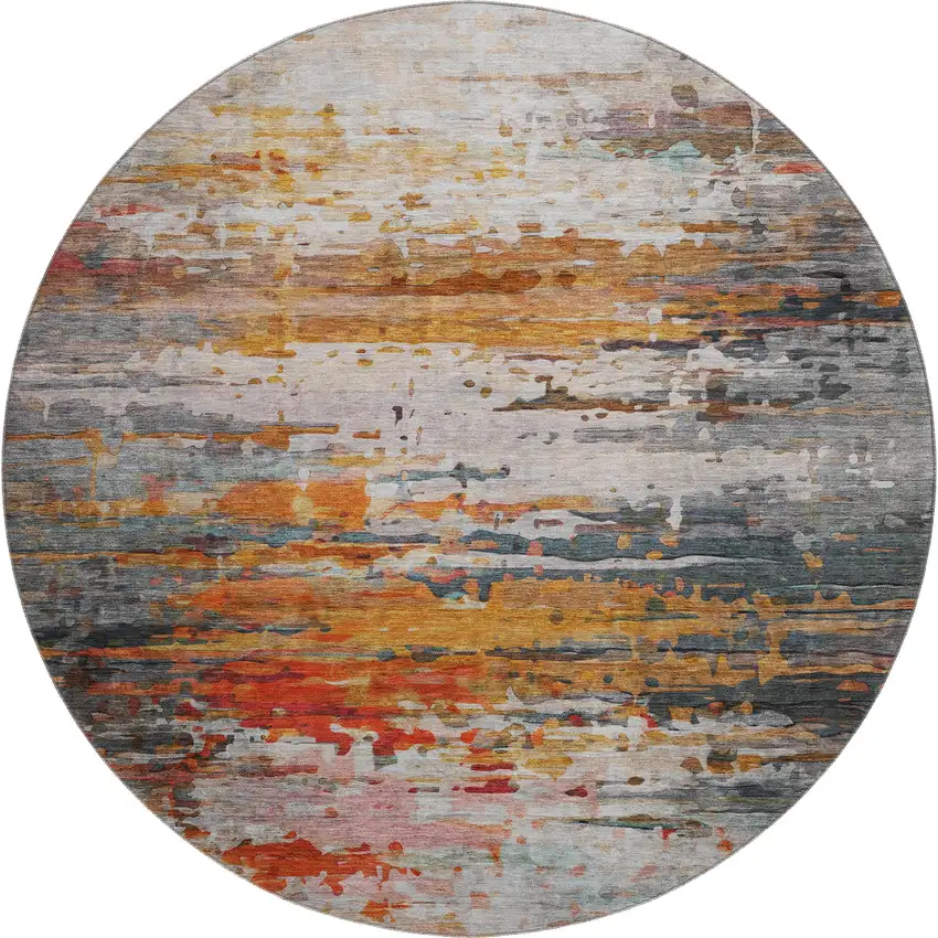 8' Terra Cotta And Beige Abstract Washable Round Rug With UV Protection Photo 1
