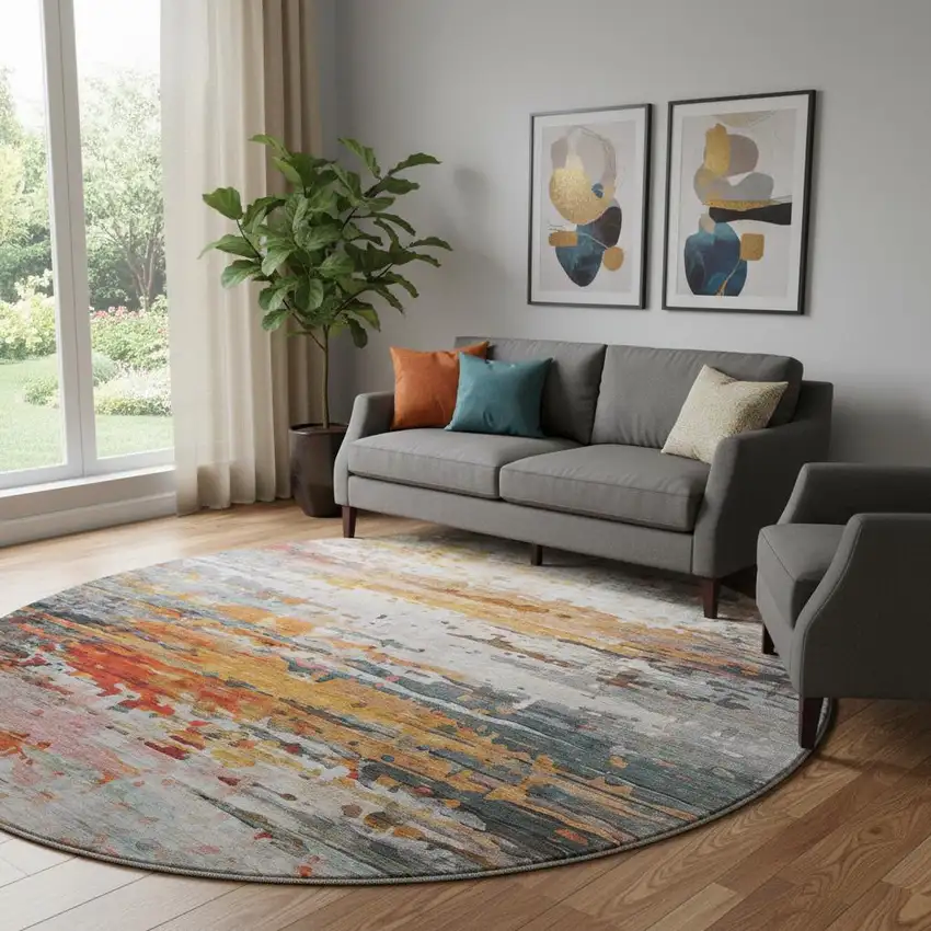 8' Terra Cotta And Beige Abstract Washable Round Rug With UV Protection Photo 2