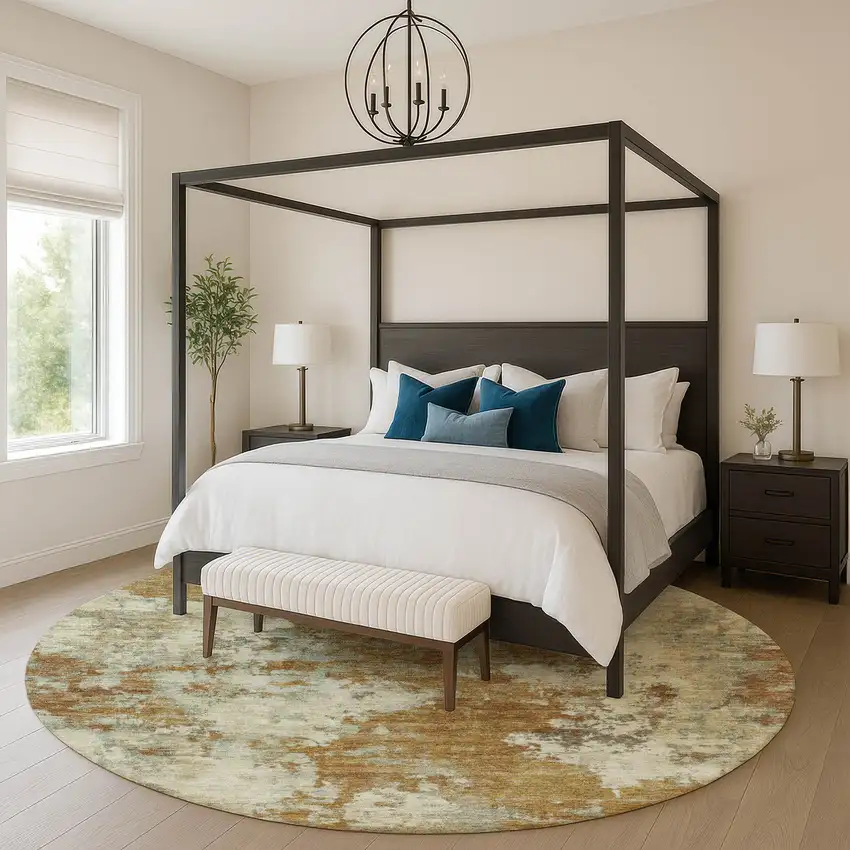 8' Terra Cotta And Beige Abstract Washable Round Rug With UV Protection Photo 5