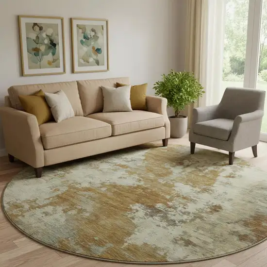 8' Terra Cotta And Beige Abstract Washable Round Rug With UV Protection Photo 2