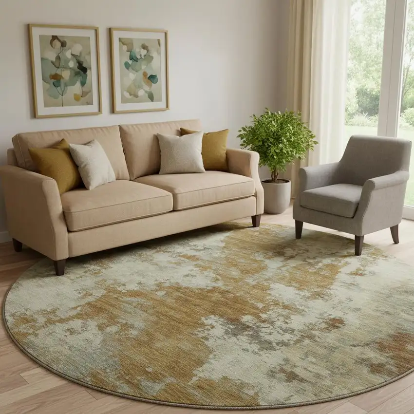 8' Terra Cotta And Beige Abstract Washable Round Rug With UV Protection Photo 2