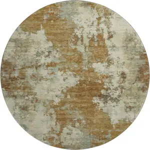 Photo of 8' Terra Cotta And Beige Abstract Washable Round Rug With UV Protection