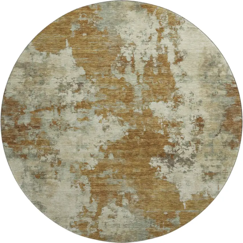 8' Terra Cotta And Beige Abstract Washable Round Rug With UV Protection Photo 1