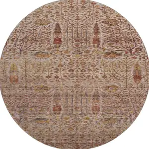 Photo of 8' Terra Cotta And Beige Floral Vines Washable Round Rug With UV Protection