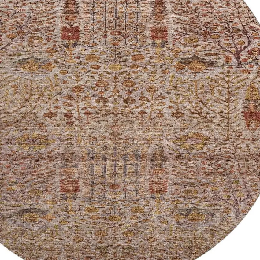 8' Terra Cotta And Beige Floral Vines Washable Round Rug With UV Protection Photo 3