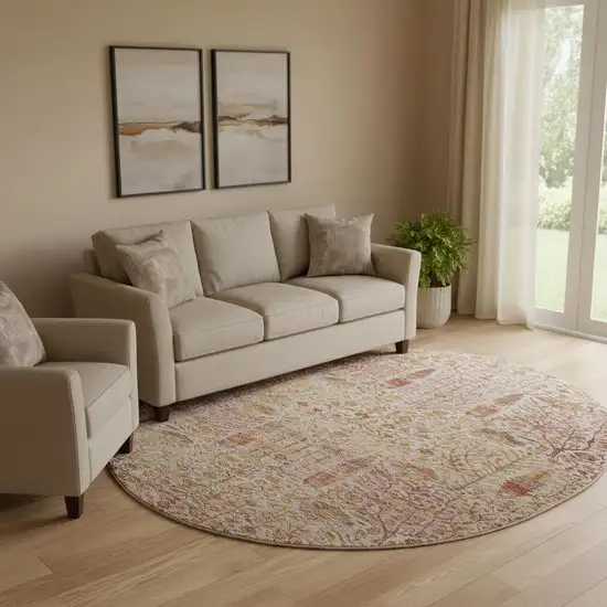8' Terra Cotta And Beige Floral Vines Washable Round Rug With UV Protection Photo 2