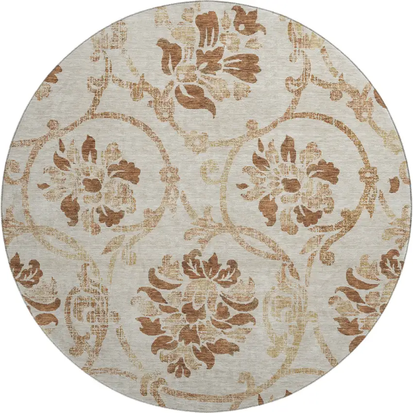 8' Terra Cotta And Beige Floral Washable Round Rug With UV Protection Photo 1