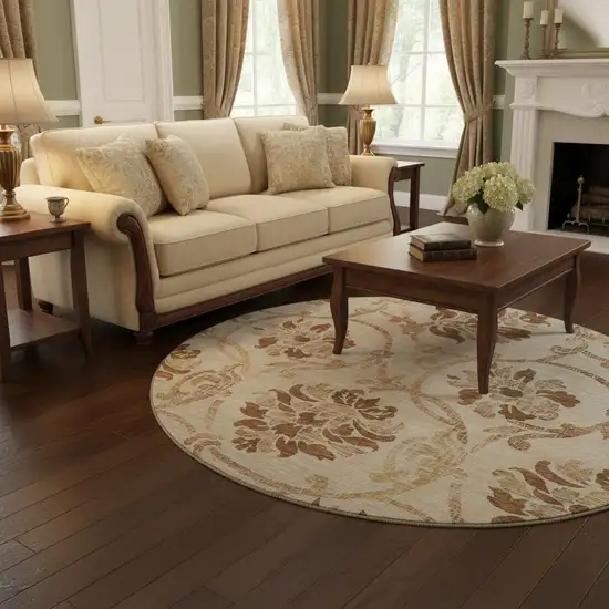 8' Terra Cotta And Beige Floral Washable Round Rug With UV Protection Photo 2