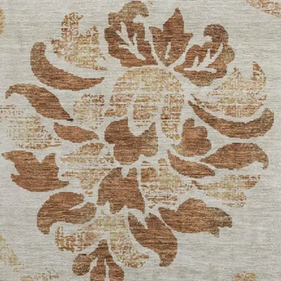 8' Terra Cotta And Beige Floral Washable Round Rug With UV Protection Photo 4