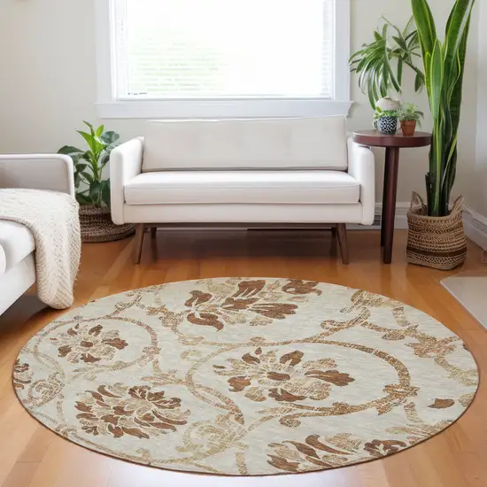 8' Terra Cotta And Beige Floral Washable Round Rug With UV Protection Photo 5
