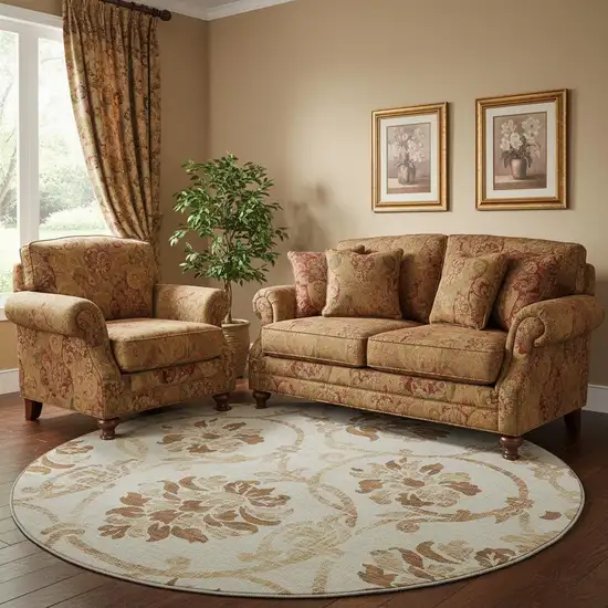 8' Terra Cotta And Beige Floral Washable Round Rug With UV Protection Photo 1