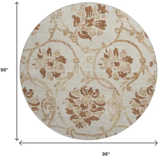 8' Terra Cotta And Beige Floral Washable Round Rug With UV Protection Photo 3