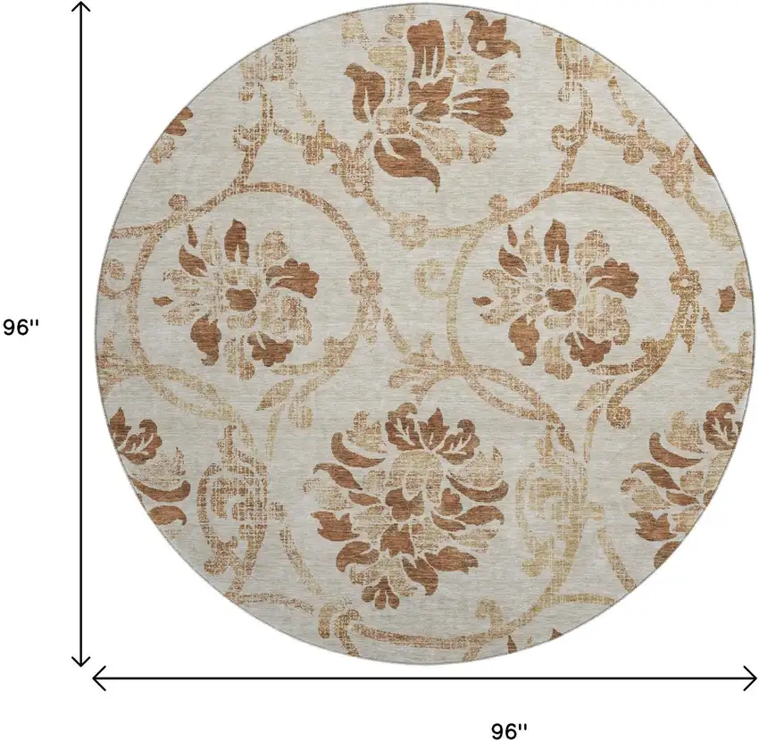 8' Terra Cotta And Beige Floral Washable Round Rug With UV Protection Photo 3