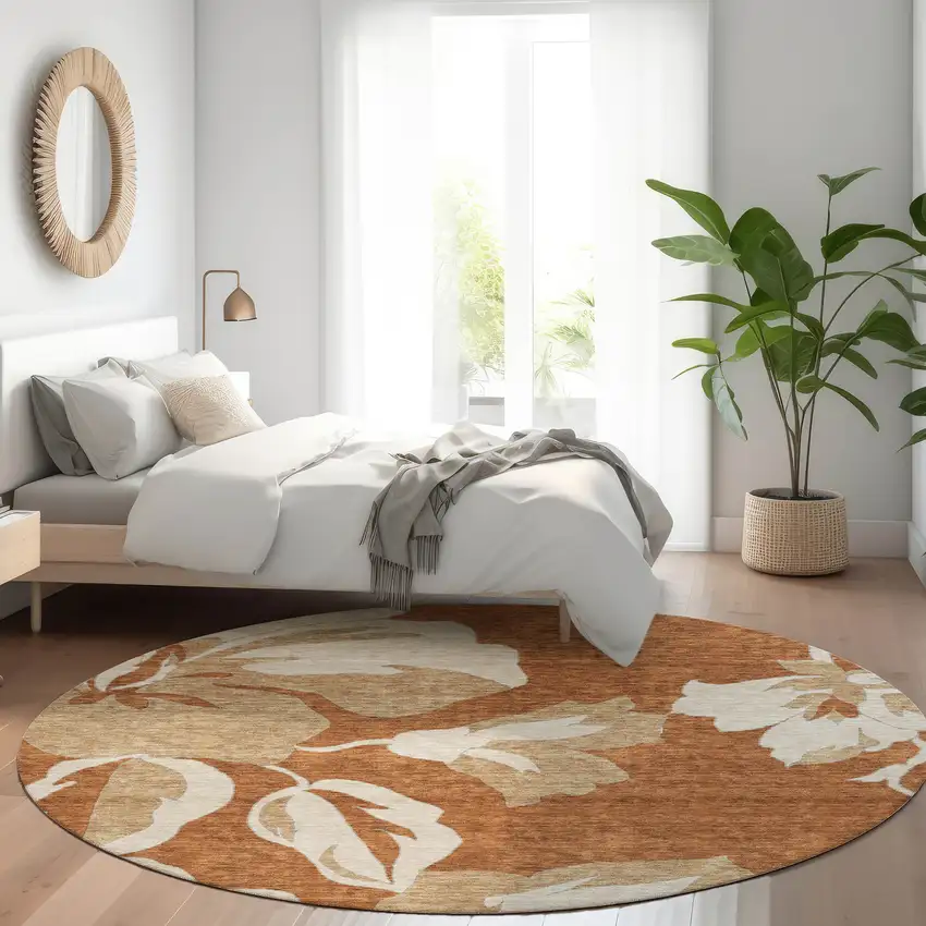 8' Terra Cotta And Beige Floral Washable Round Rug With UV Protection Photo 4