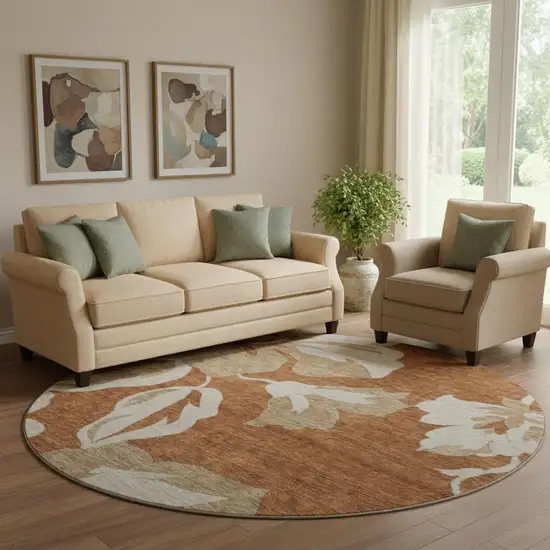 8' Terra Cotta And Beige Floral Washable Round Rug With UV Protection Photo 1