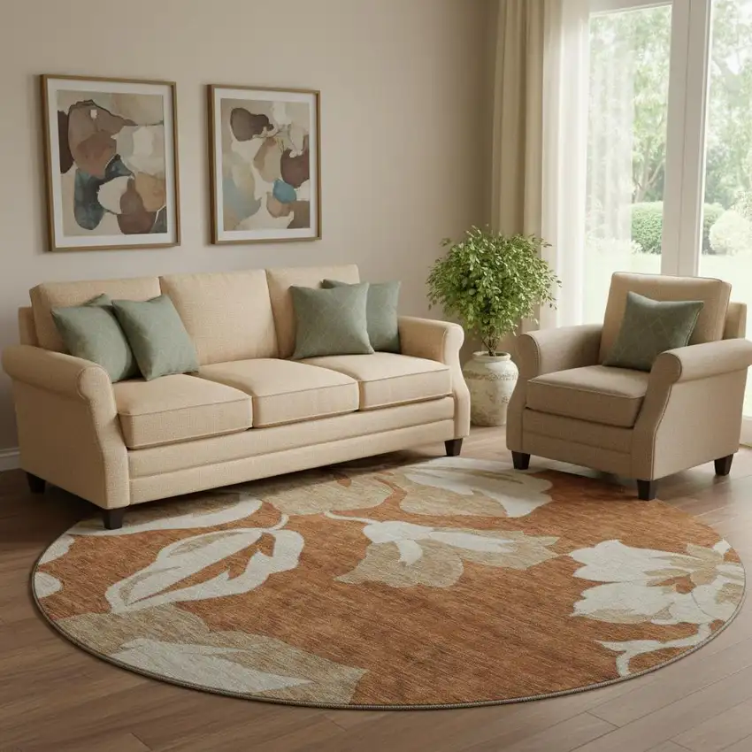 8' Terra Cotta And Beige Floral Washable Round Rug With UV Protection Photo 1