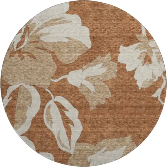 8' Terra Cotta And Beige Floral Washable Round Rug With UV Protection Photo 1