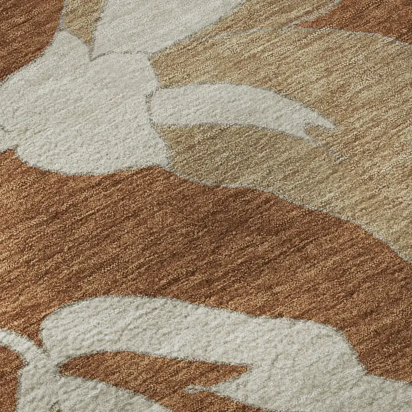 8' Terra Cotta And Beige Floral Washable Round Rug With UV Protection Photo 8