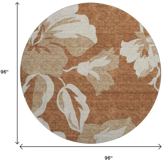 8' Terra Cotta And Beige Floral Washable Round Rug With UV Protection Photo 9