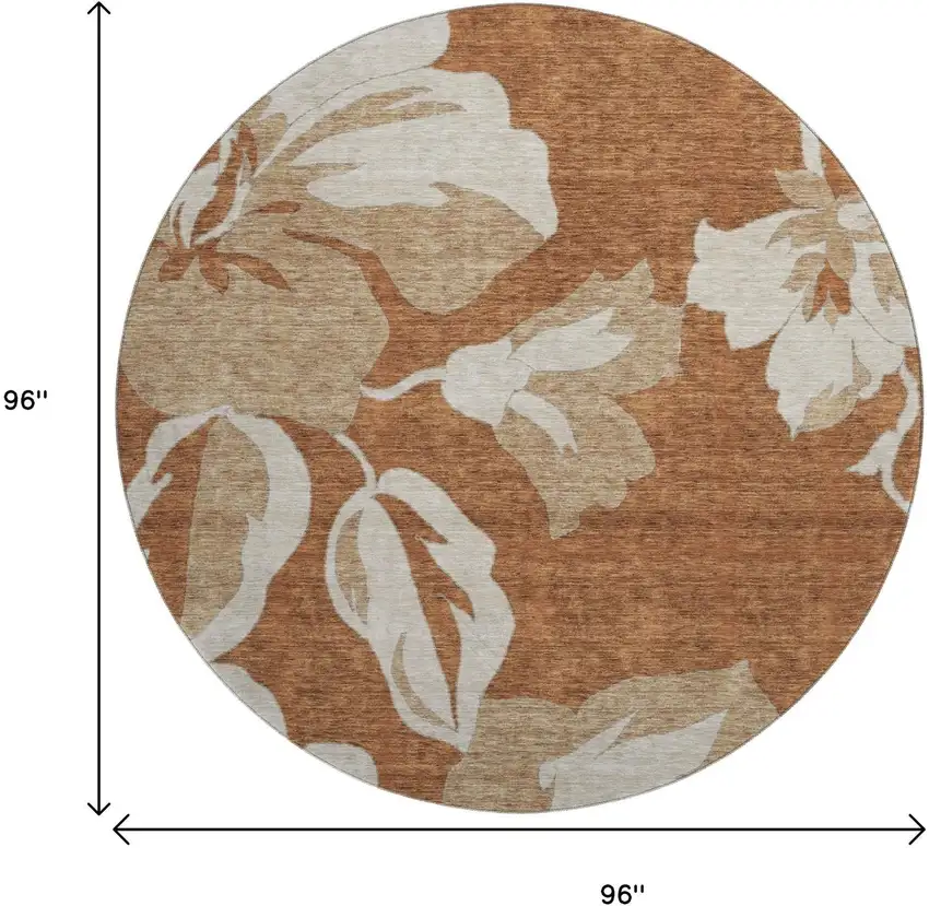 8' Terra Cotta And Beige Floral Washable Round Rug With UV Protection Photo 9