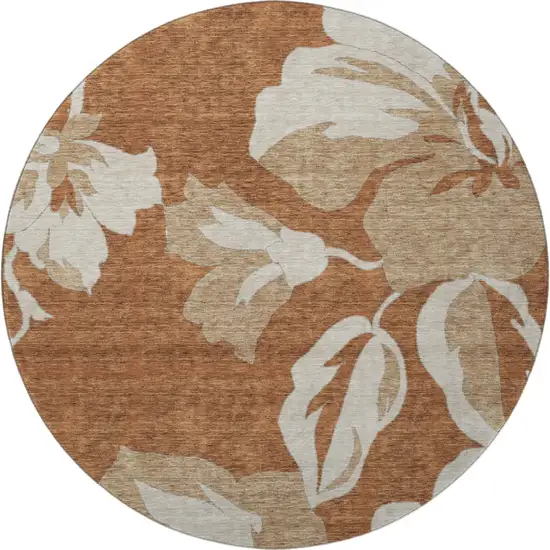 8' Terra Cotta And Beige Floral Washable Round Rug With UV Protection Photo 3