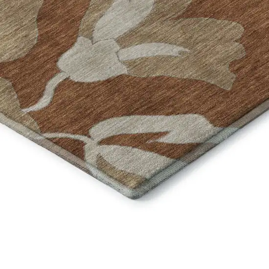 8' Terra Cotta And Beige Floral Washable Round Rug With UV Protection Photo 6