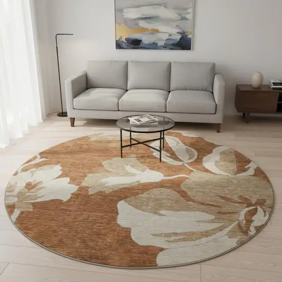 8' Terra Cotta And Beige Floral Washable Round Rug With UV Protection Photo 2